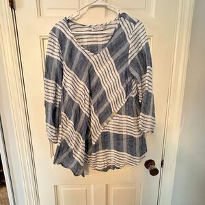 Habitat 100% Linen Striped Blue & White Asymmetrical Tunic Top 3/4 Sleeves Large